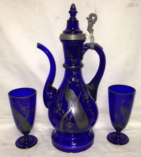 Czechoslovakia Blue Glass Tankard & 2 Cups