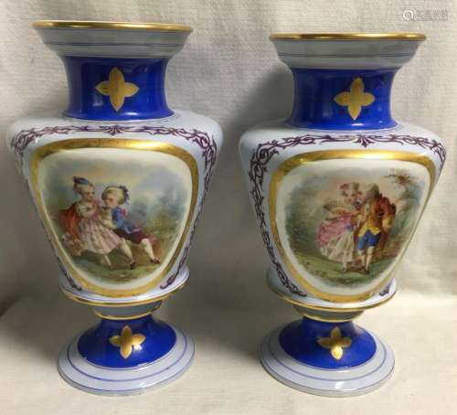 Pair Of Hand Painted Porcelain Footed Vases