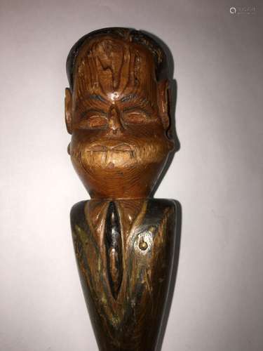 Wooden Folk Art Cane With Figural Handle