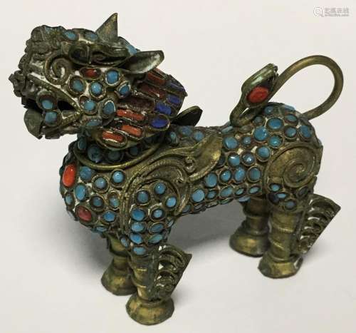 Oriental Jeweled Brass Fudog Figure