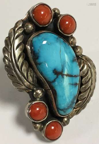 Sterling Silver, Turquoise & Coral Ring