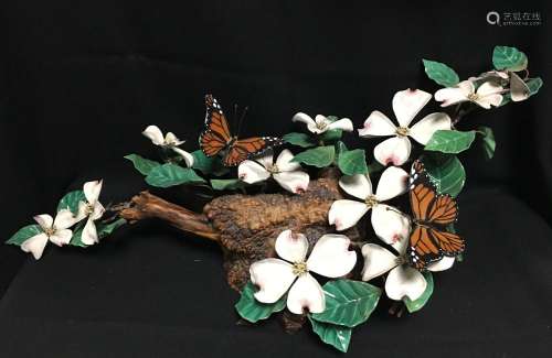 Burlwood And Enameled Floral & Butterfly Sculpture