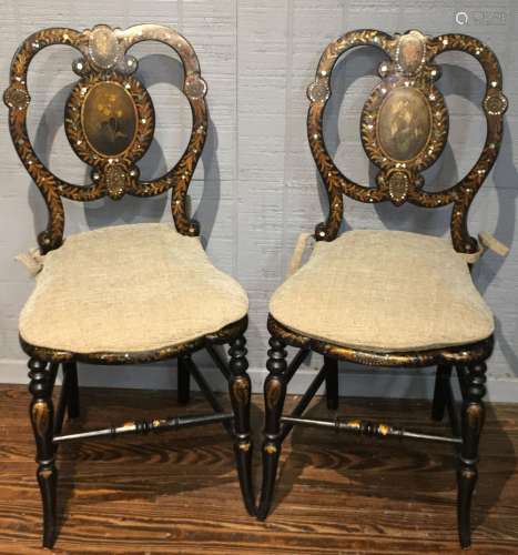 Pair Of Mother Of Pearl Inlaid And Painted Chairs