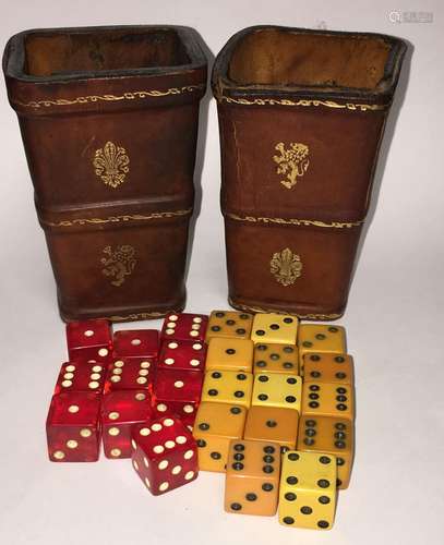 Pair Of Tooled Leather Cups With Dice