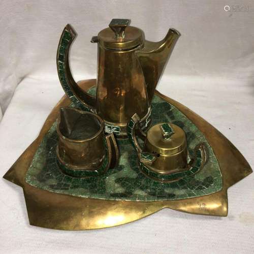 Mexican Brass And Stone Inlaid Four Piece Tea Set