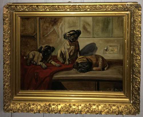 1870s Folk Art Oil On Canvas Painting Of Dogs