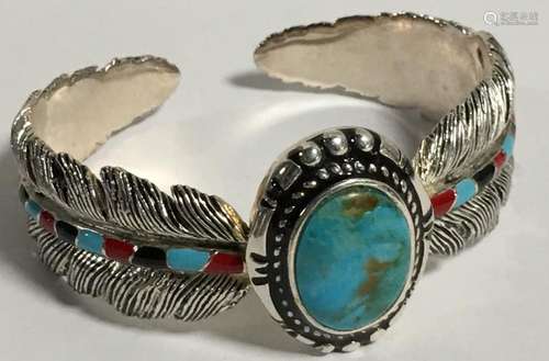 Turquoise & Inlaid Cuff Bracelet Signed B. G. F.