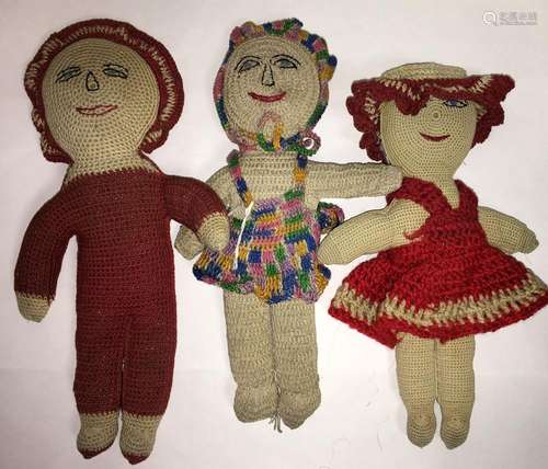 Group Of 3 Folk Art Crochet Dolls