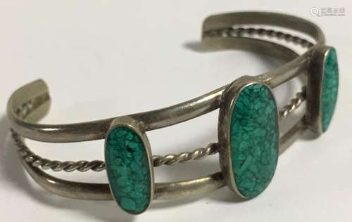 Sterling And Green Crushed Stone Cuff Bracelet