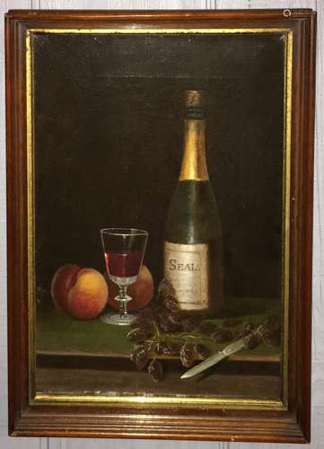 Oil On Canvas Still Life Of Red Wine & Fruit