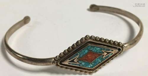 Sterling Cuff Bracelet, Turquoise & Coral Inlay