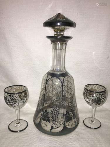 Silver Overlay Decanter And Two Cordials