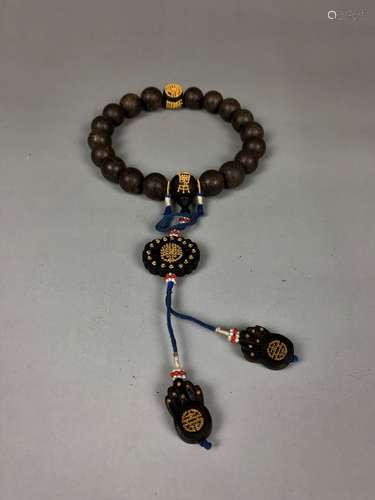 Agar Wood Prayer Beads with Gilt Silver Coral and Pearl