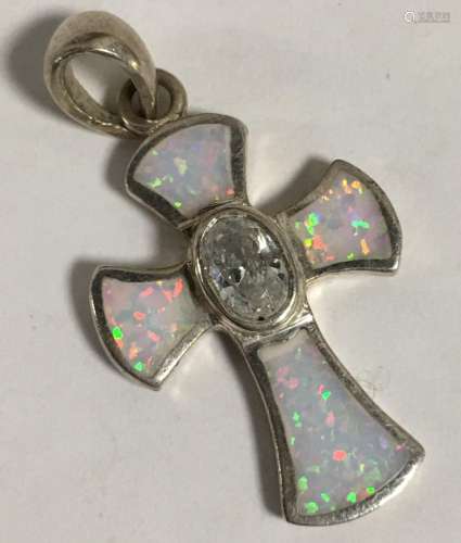 Sterling Silver, Opal & Clear Stone Cross Pendant