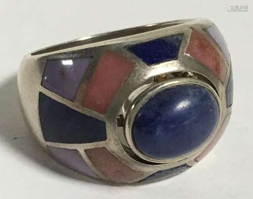 Sterling Silver, Blue Lapis & Inlaid Stone Ring