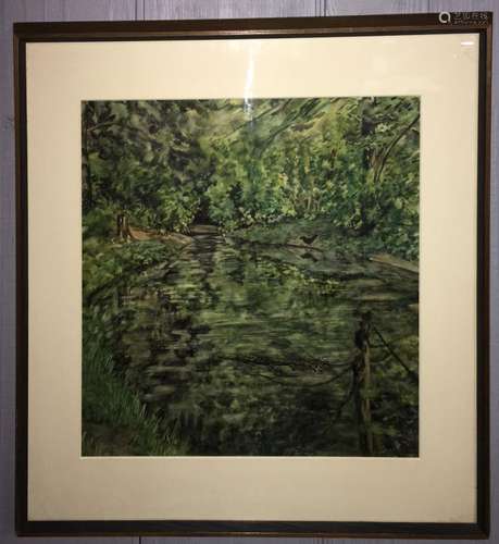 Pencil Signed Liselotte Moser Watercolor Of Stream