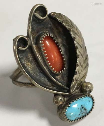 Sterling Silver, Turquoise & Coral Ring