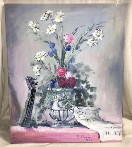 R. Montage Oil On Canvas Still Llife Of Flowers