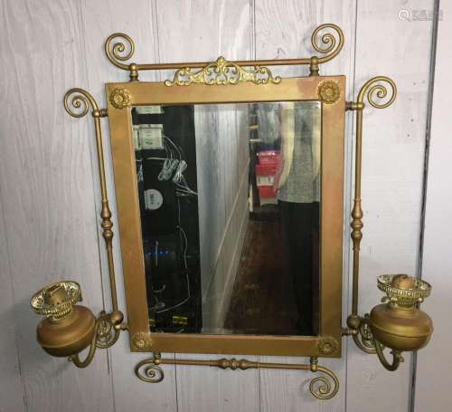 Beveled Mirror In Brass Double Oil Lamp Frame