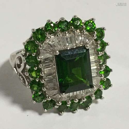 Sterling Silver Ring With Green & Clear Stones