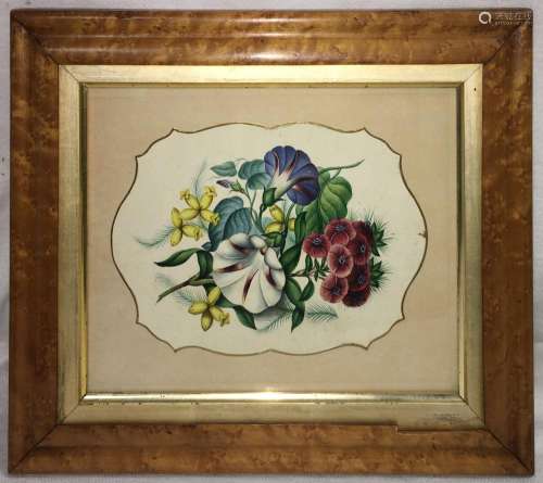 19th Century Watercolor Of Flowers In Frame