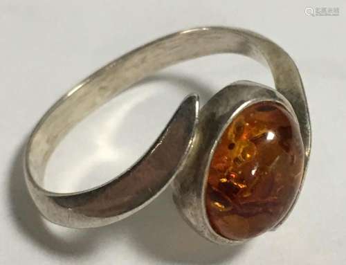 Sterling Silver And Amber Ring