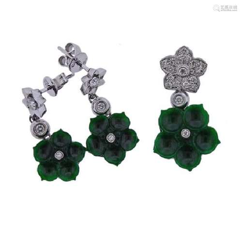 18K Gold Diamond Jade Flower Earrings Pendant Set