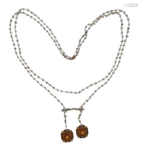 Antique 18K Gold Pearl Citrine 2 Strand Necklace