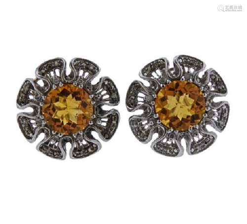 14k Gold Diamonds Orange Stone Flower Earrings