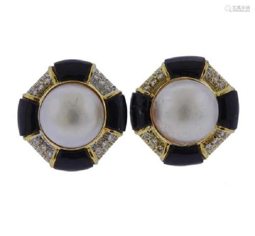 18k Gold Diamond Mabe Pearl Onyx Earrings