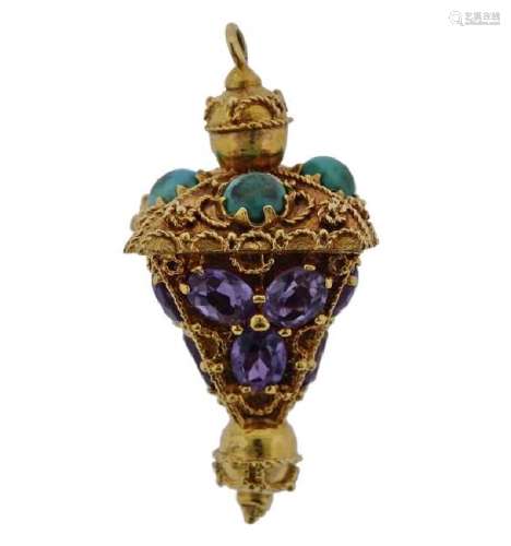 18k Gold Amethyst Turquoise Charm Pendant