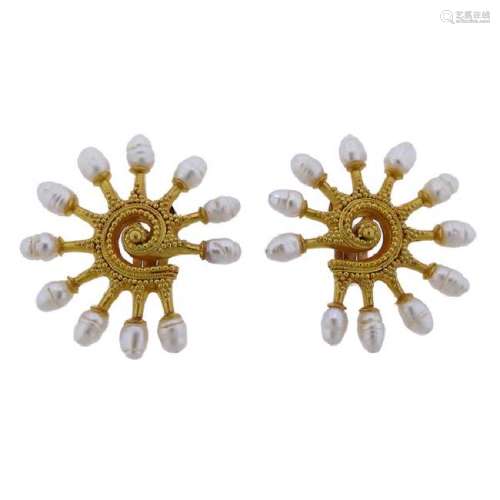 Ilias Lalaounis Pearl 18K Gold Swirl Motif Earrings