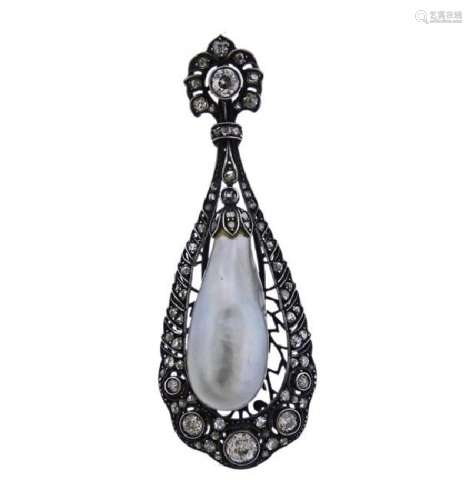 Antique 18K Gold Silver Diamond Pearl Drop Pendant
