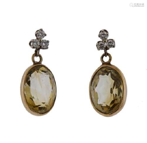 14K Gold Diamond Yellow Stone Drop Earrings