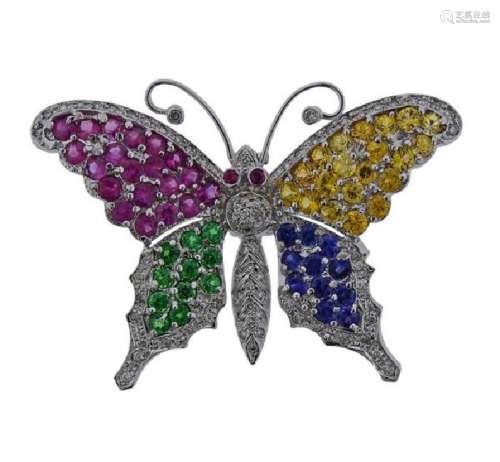 14k Gold Diamond Multi Color Stone Butterfly Brooch