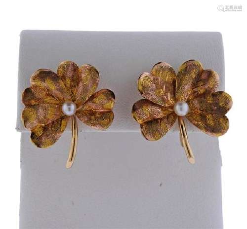 14k Gold Pearl Clover Leaf Earrings