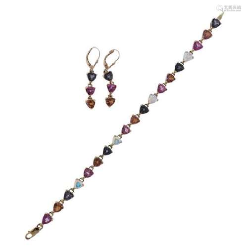 14k Gold Multi Color Stone Bracelet Earrings Set