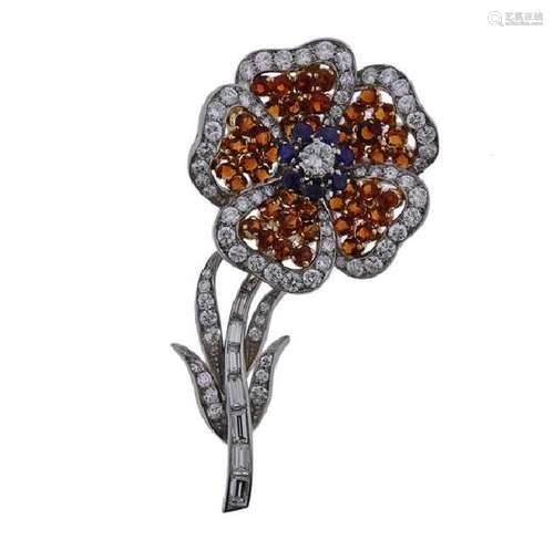 Platinum Diamond Orange Blue Stone Flower Brooch Pin