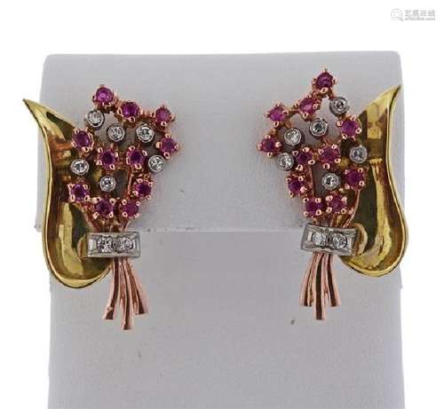 Retro 14k Gold Red Stone Diamond Earrings