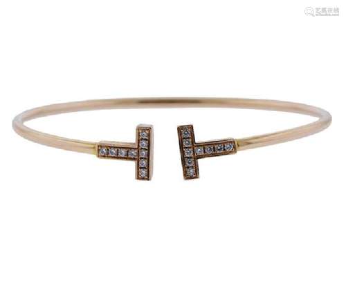 Tiffany & Co 18K Gold Diamond T Wire Bracelet