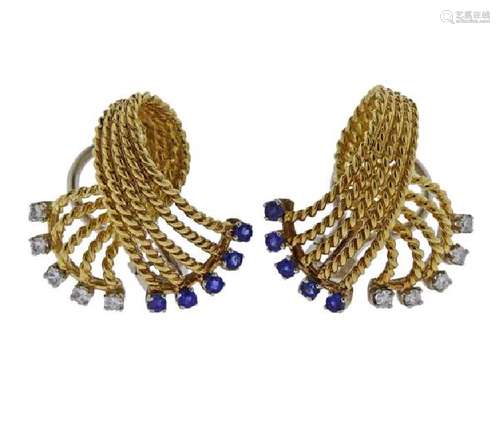 1960s 14k Gold Diamond Sapphire Earrings