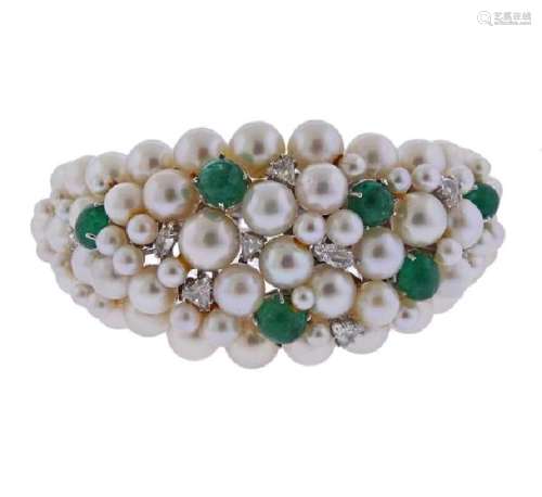 14K Gold Diamond Pearl Green Stone Bracelet