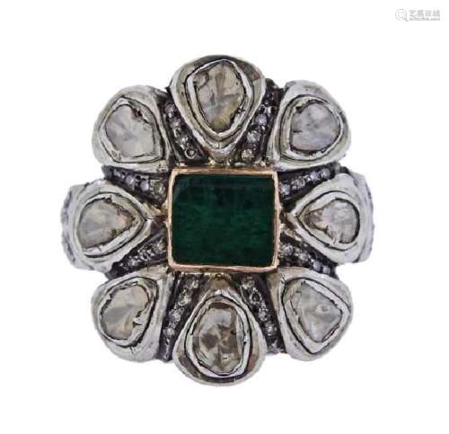 14K Gold Silver Diamond Green Stone Ring