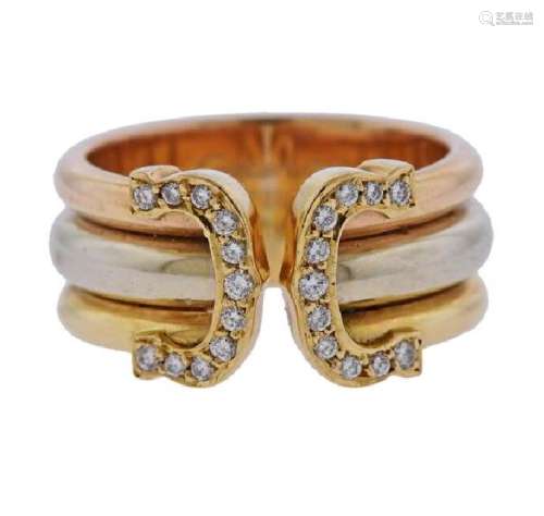 Cartier 18K Tri Color Gold Diamond Double C Ring