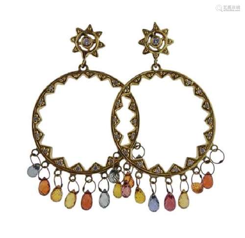 18K Gold Diamond Multi Stone Dangle Hoop Earrings