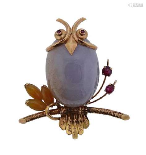 14K Gold Multi Color Jade Ruby Owl Brooch Pin