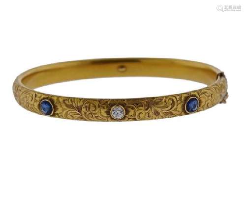 Antique 14k Gold Diamond Blue Stone Bangle Bracelet