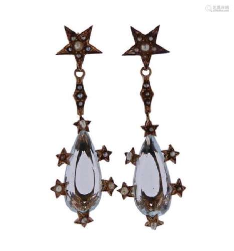 Antique Gold Blue Stone Pearl Drop Earrings