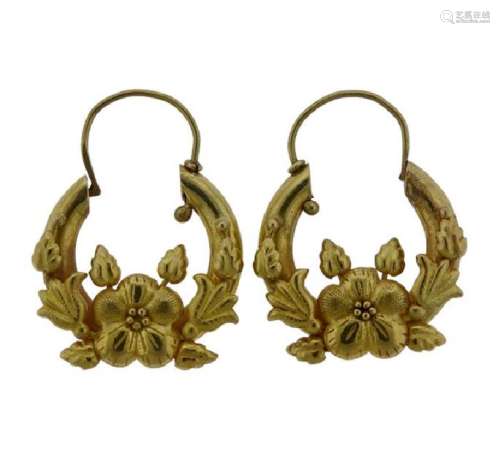 Antique 14K Gold Flower Motif Hoop Earrings