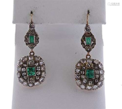 Antique 18K Gold Silver Diamond Emerald Earrings